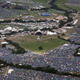An aerial photo of the Glastonbury Festival site.